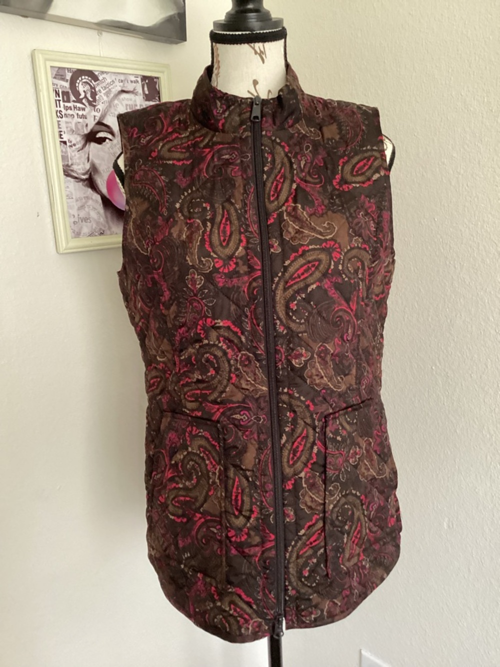 J Jill Heritage Quilted Paisley Vest in Brown & Pink Measurements in Description